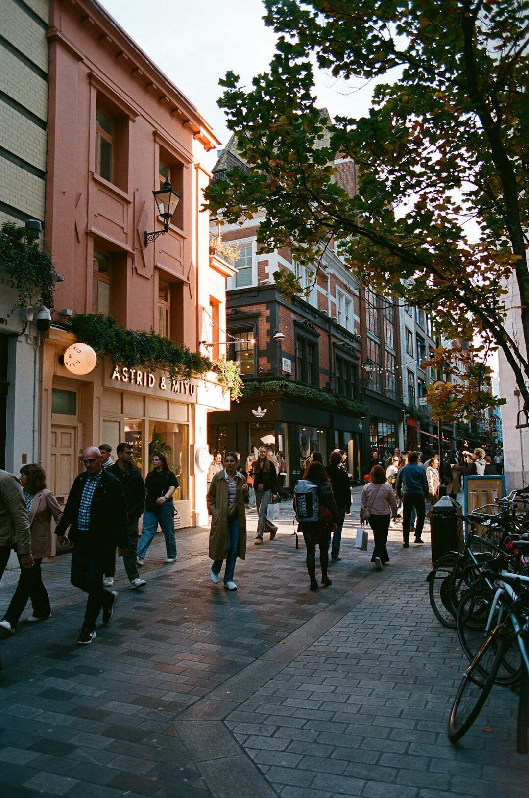 Busy European shopping street with storefronts